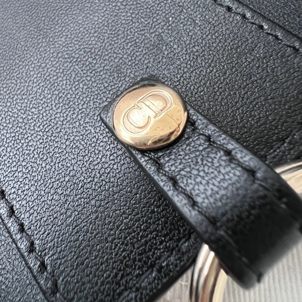 Auth Dior Quilted Logo Charm Key Holder Wallet - Black w/ Gold Hardware
